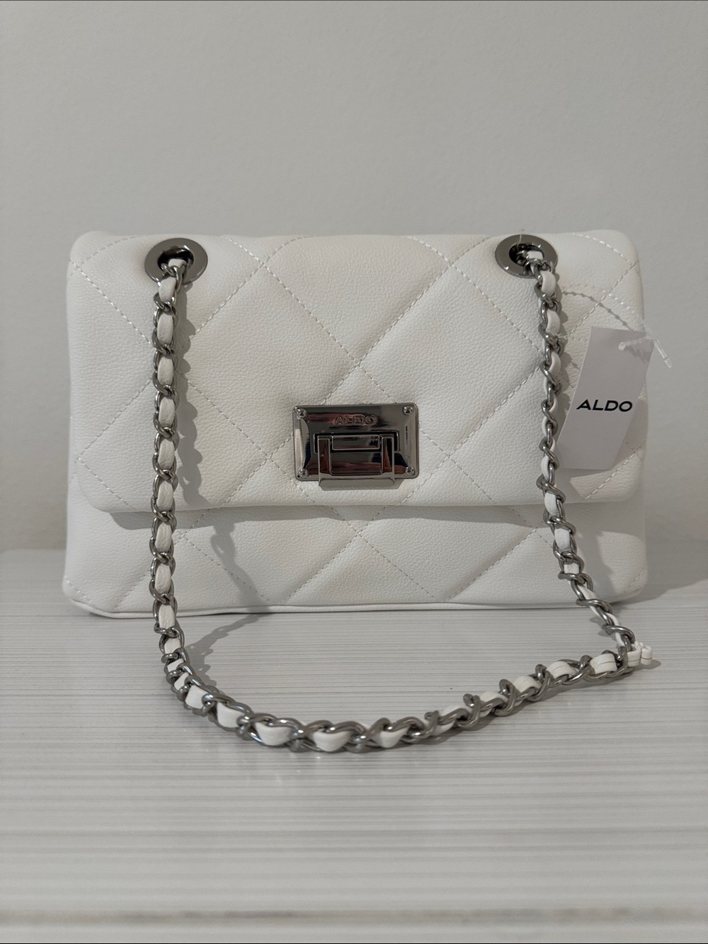 ALDO White Quilted Shoulder Bag with Silver Chain